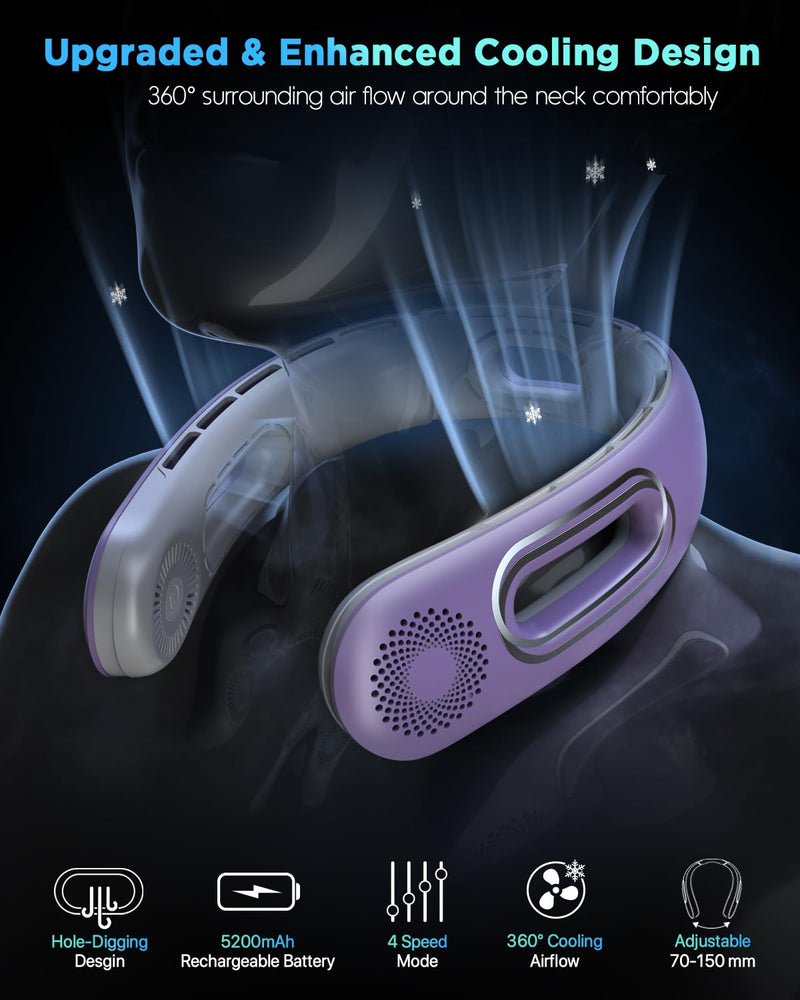 Hotsales Neck Fan, Hands Free Bladeless Neck Fans Portable Rechargeable, 360° Cooling Neck Fan, 4 Speeds, Quiet, 5200 mAh Battery Operated USB Wearable Personal Fan Gifts for Women, Travel, Outdoor Pure Purple