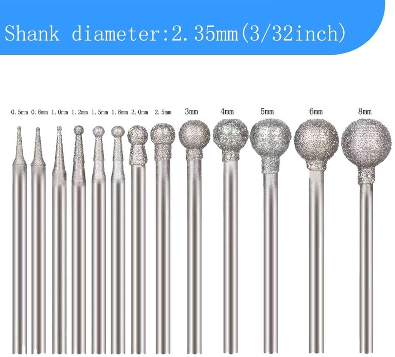13 Pcs Ball Shape Diamond Burr - 3/32'' Shank Diamond Ball Burs Stone Carving Bits for Dremel Rotary Tool 13pc Ball Shape