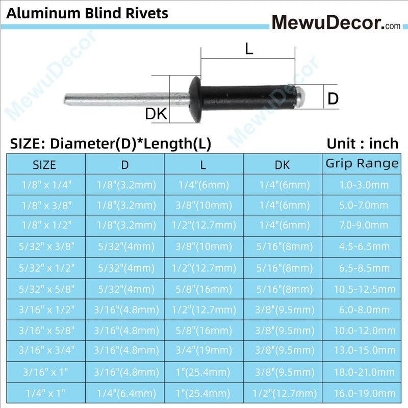 1/4" x 1" Aluminum Blind Rivets, Black, 6.5 x 25.4mm Pop Rivets, 100 PCS 1/4" x 1"