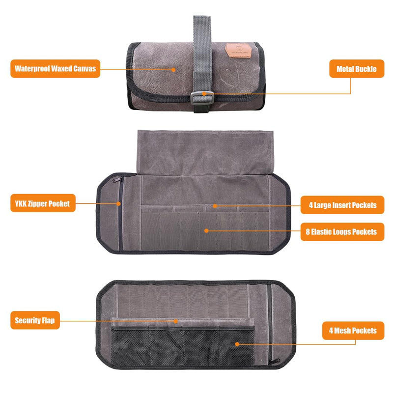 Roaring Fire Pioneer Mini Tool Roll Bag for Men, Multitool Pouch Waxed Canvas Mini Tool Roll Bag for EDC Gear Tools Knives Survival Kits, EDC Organizer Pouch, Tool Organizer