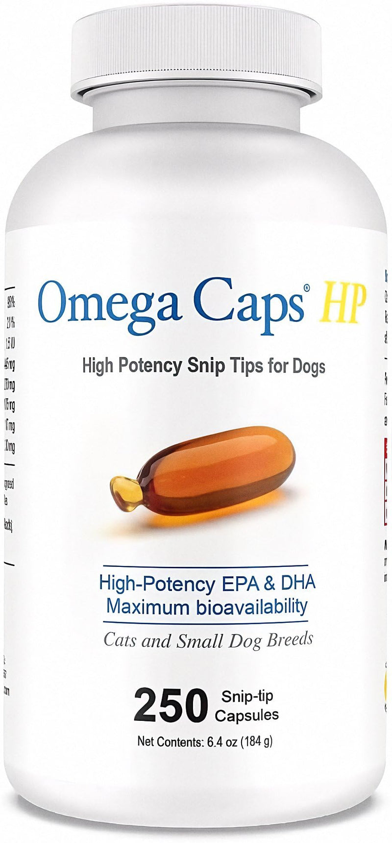 Omega Caps HP Snip Tips for Cats and Small Dogs High Potency EPA and DHA Maximum Bioavailability Fish Oil Supplement Vet Formulated Made in USA Skin Coat Joint and Heart Health 250 Capsules Cats & Small Dogs Snip Tips (250 Capsules)