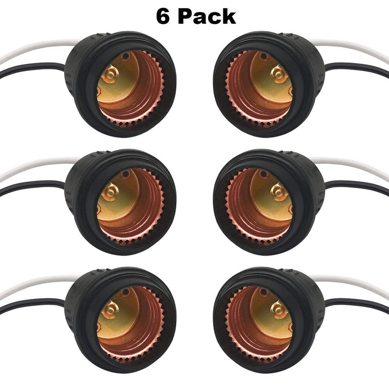 Waterproof Lamp Socket, 6 Pack Black Pigtail Lamp Holder Socket, E26/E27 Fully Sealed Rainproof Light Sockets, 250V-660W