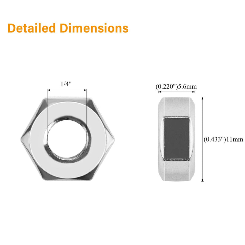 100 Pieces 1/4"-20 Stainless Hex Nut, Stainless Steel (304) 18-8 Nuts