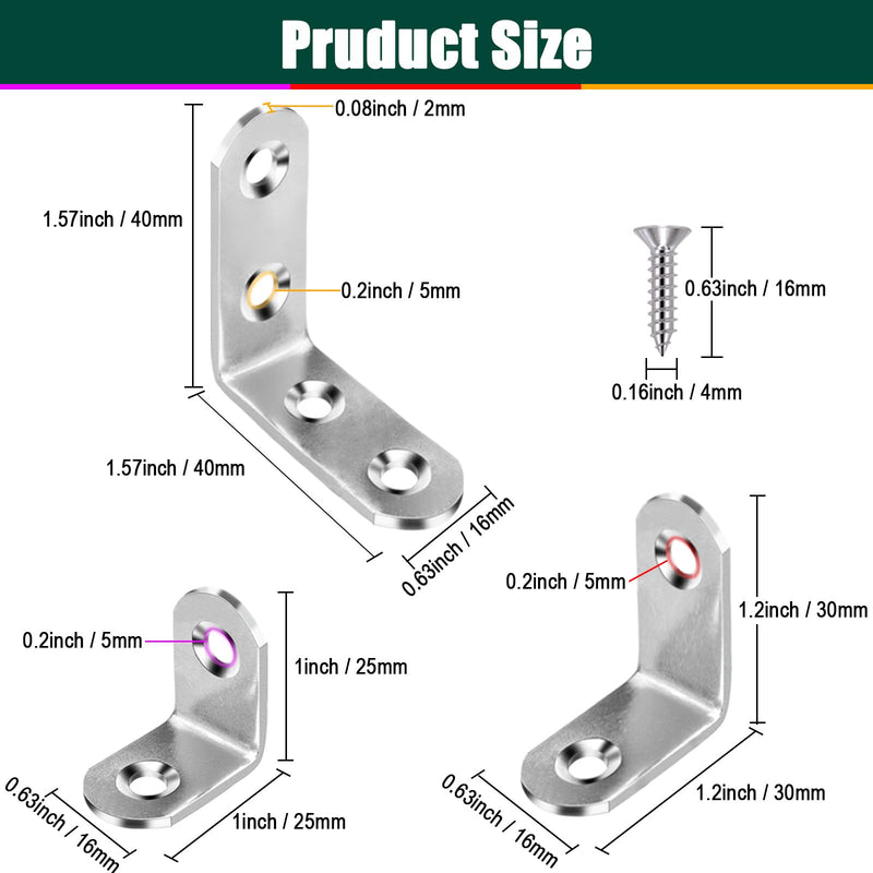 3 Sizes Stainless Steel Corner Braces L Bracket 90 Degree Right Angle Bracket Joints L Shaped Corner Bracket Fastener with Screws, 12 Sets 3 size/ 1in/ 1.2in/ 1.57in