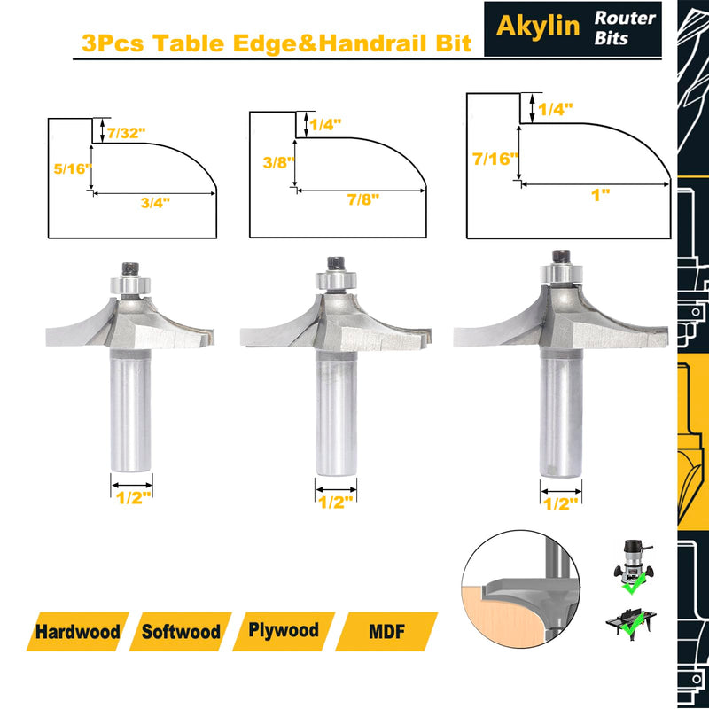 3Pcs Table Edge and Handrail Router Bit,1/2 Inch Shank, Cutting Depth 3/4",7/8",1" Thumbnail Edge Cutters, Carbide Tipped 2 Flute, for Table Wood Profiling,Molding,Edging 3 Pcs Thumbnail (1/2" x 2"-2-1/2")