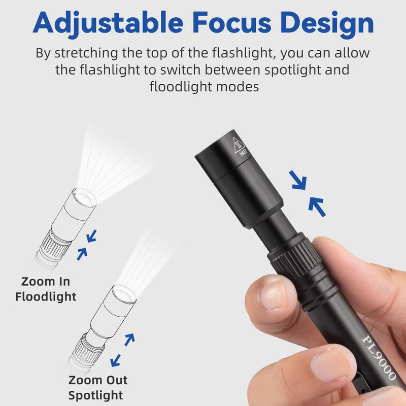 2Pack Pen Flashlight Rechargeable PL9000, 5Mode Bright Pen Light Flashlight High Lumens, Waterproof Pocket Flashlights, EDC Adjustable Tactical Flash Light, LED Small Lights with Clip for Emergencies 2Pack