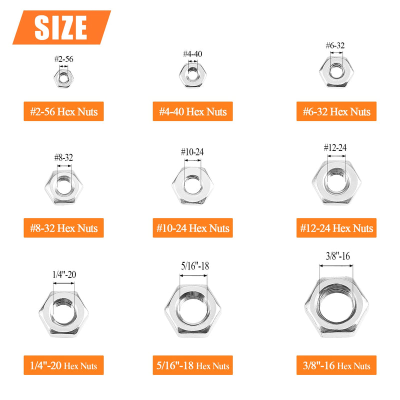 210 Pieces 9 Sizes 304 Stainless Steel #2-56 to 3/8"-16 Hex Nuts Assortment Kit (#2-56#4-40#6-32#8-32#10-24#12-24 1/4"-20 5/16"-18 3/8"-16) 210 Pieces Hex Nuts Kit