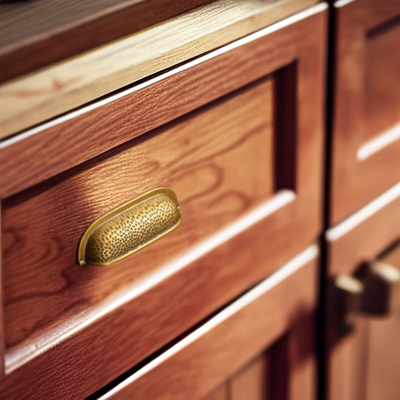 Goo-Ki 6 Pack 3 Inch Antique Brass Cabinet Cup Pulls – Hammered Texture with Curved Edges, Elegant Drawer Bin Handle for Kitchen & Furniture 3 Inch Center to Center