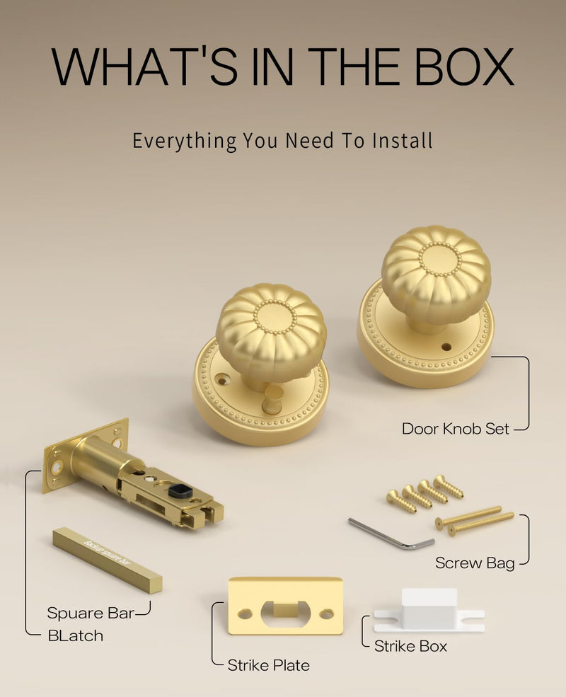 Asidrama 2 Pack Privacy Gold Door Knob with Lock, Brush Gold Door Knobs Interior for Bedroom or Bathroom, Heavy Duty Brush Door Handle for Left Right Sided Doors 2pack Brushed Gold