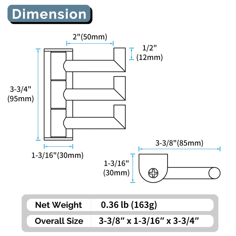 Angle Simple Swivel Towel Hook 3 Arms, SUS 304 Stainless Steel Foldable Bathroom Robe Towel Hook, Wall Coat Holder, Matte Black 1 Pack