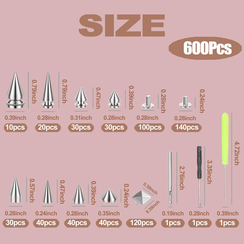 XKCWXY 600 Sets Punk Studs and Spikes Kit，8 Size Cone Spikes and Square Pyrami Studs for Clothing,Metal Tree Spikes Studs for Leathercraft and Punk Style Clothing Accessories DIY Craft Decoration