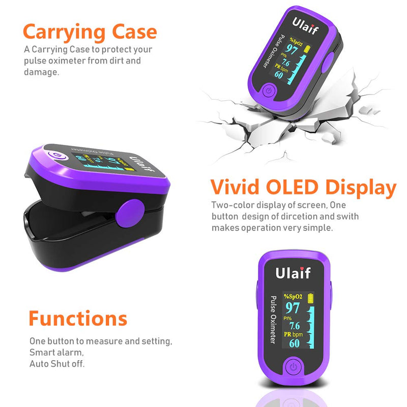 Pulse Oximeter, OLED Display Oxygen Monitor Fingertip, Blood Oxygen Saturation Monitor (SpO2) with Carrying Case, Batteries and Lanyard Purple
