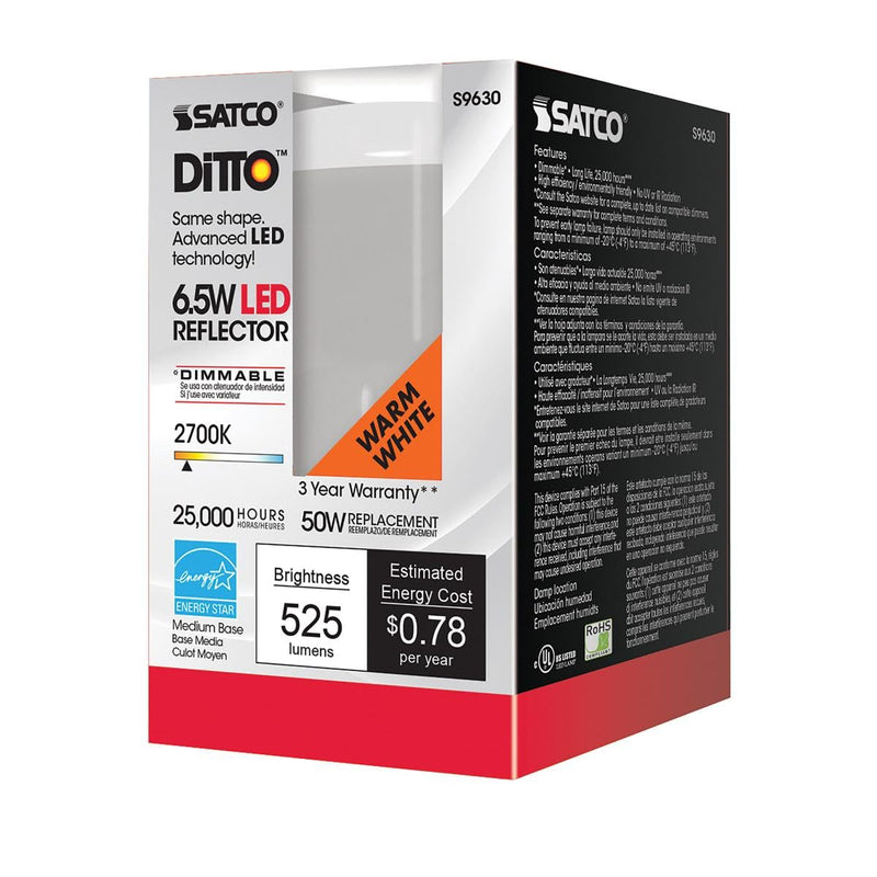 Satco 6.5 Watt LED Reflector Light Bulb; R20; 2700K Warm White; 525 Lumen; 120 Volts; Dimmable (6 LED Light Bulbs)