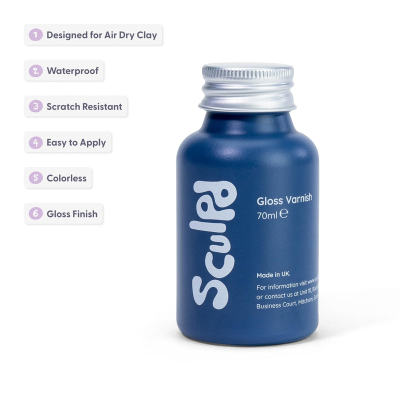 Sculpd Clear Varnish for Air Dry Clay Pottery, Gloss Finish Clear Varnish for Pottery and Acrylic Paint, Create Waterproof Pottery from Home, Colourless Scratch Resistant Varnish, 70ml Gloss Varnish