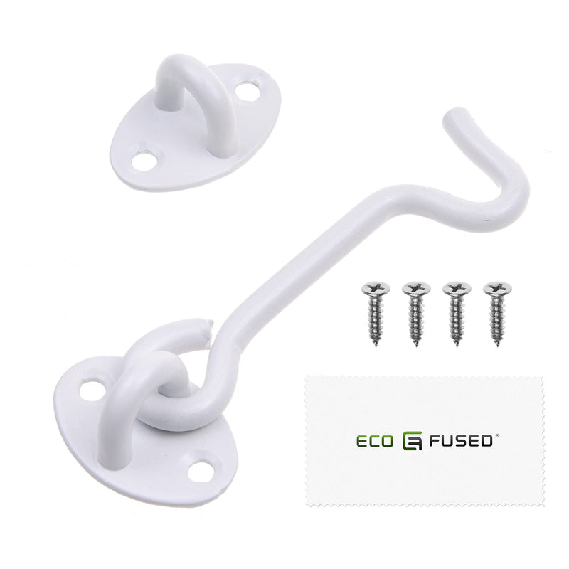 Eco-Fused 4-inch Heavy Duty Hook and Eye Latch - 1x Barn Door Lock (White), 4X Mounting Screws - Powder Coated Stainless Steel Hooks for Door, Windows, Sheds, Fences, Gates, Closets, Cabinets 1 set: 4 inch - White