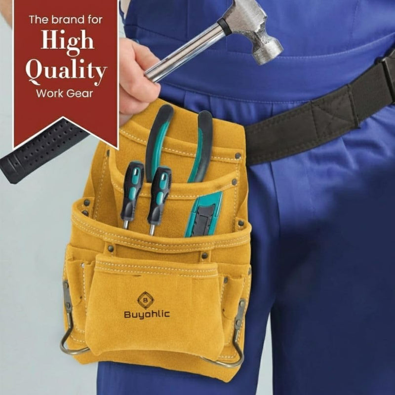 Buyohlic Heavy-Duty Suede Carpenter's Tool & Nail Bag – 10-Pocket Construction Pouch, Dark Tan