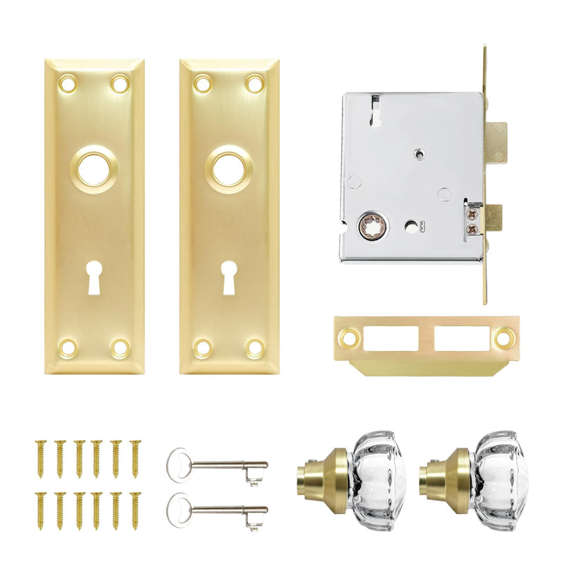 Mortise Lock Set with Crystal Glass Door Knobs for Interior Door Mortise Keyed Lock Replacement for Old Broken Door Knobs (Gold) Gold