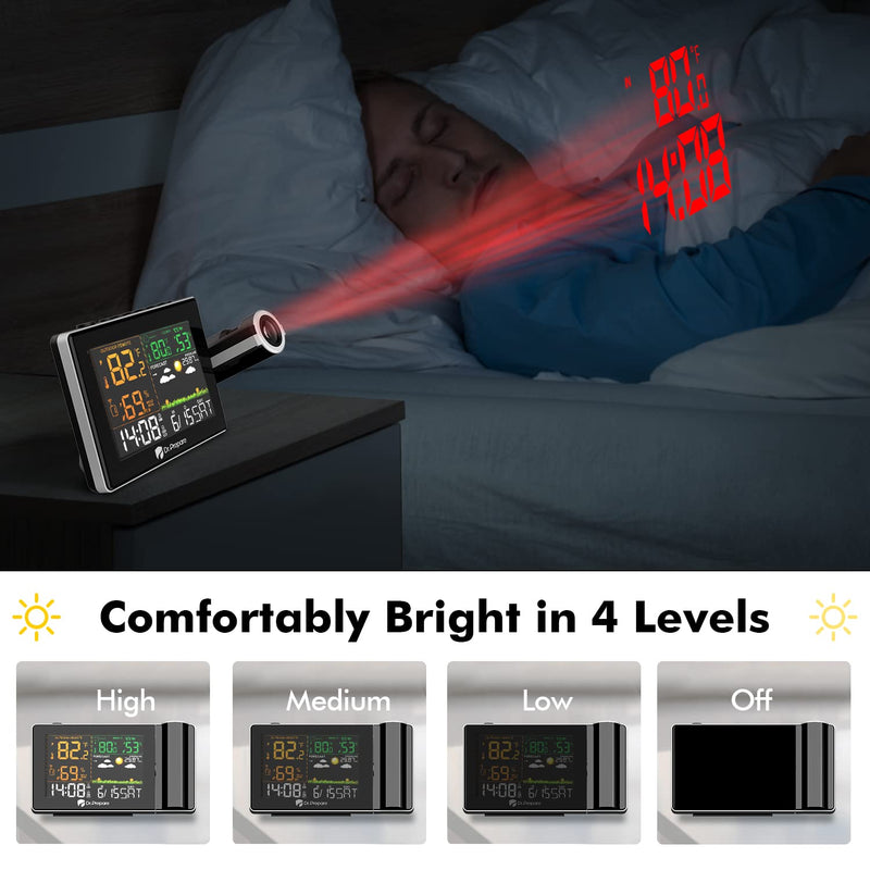 DR.PREPARE Projection Alarm Clock, Adjustable Projection Focus, Wireless Indoor Outdoor Temperature Humidity Monitor, 180° Projector, Snooze, Weather Forecast, Dual Alarms for Bedroom, Heavy Sleeper Upgrade