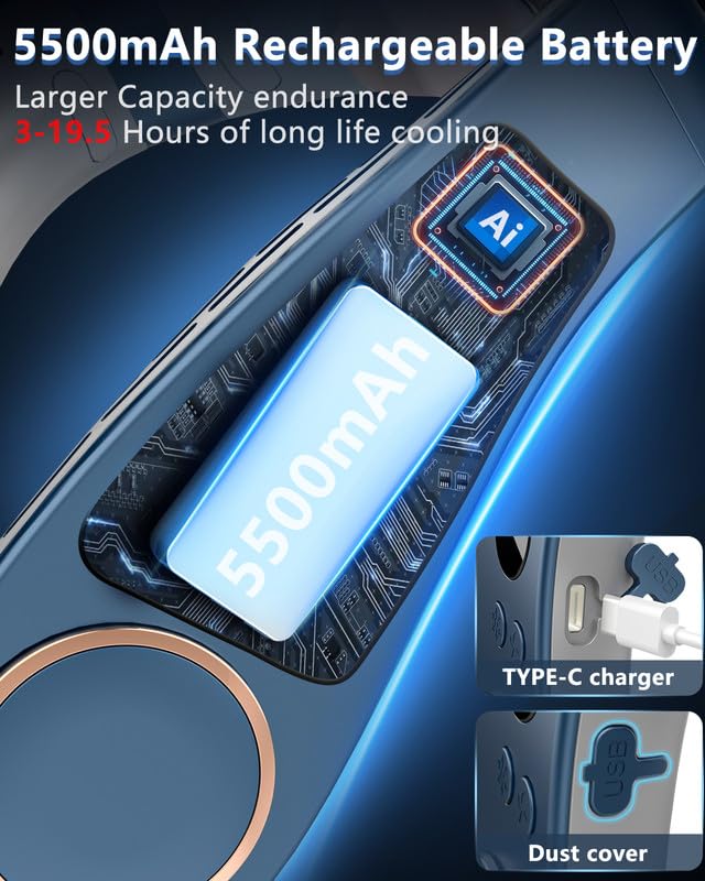 Neck Air Conditioner with Cooling Plate,Portable Neck Fan Air Conditioner,Recargable Long Life Bladless Personal Fan for Neck,Silent Headphone Round Conditioning Unit Gadgets for Travel Camping Disney Blue