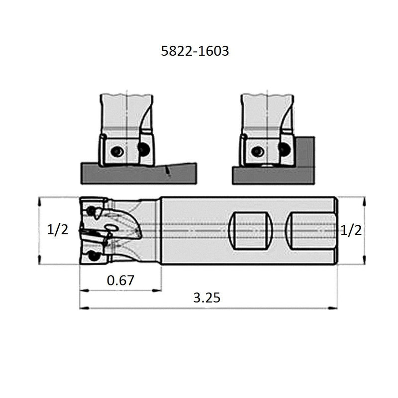 HHIP 5822-1603 Square Shoulder Coolant-Thru Indexable End Mill, 1/2" Cutter Diameter, 1/2" Shank, 1 Flute, 0.67" Flute Length, 3.25" OAL, 1/2" Cutter Diameter 1/2 in