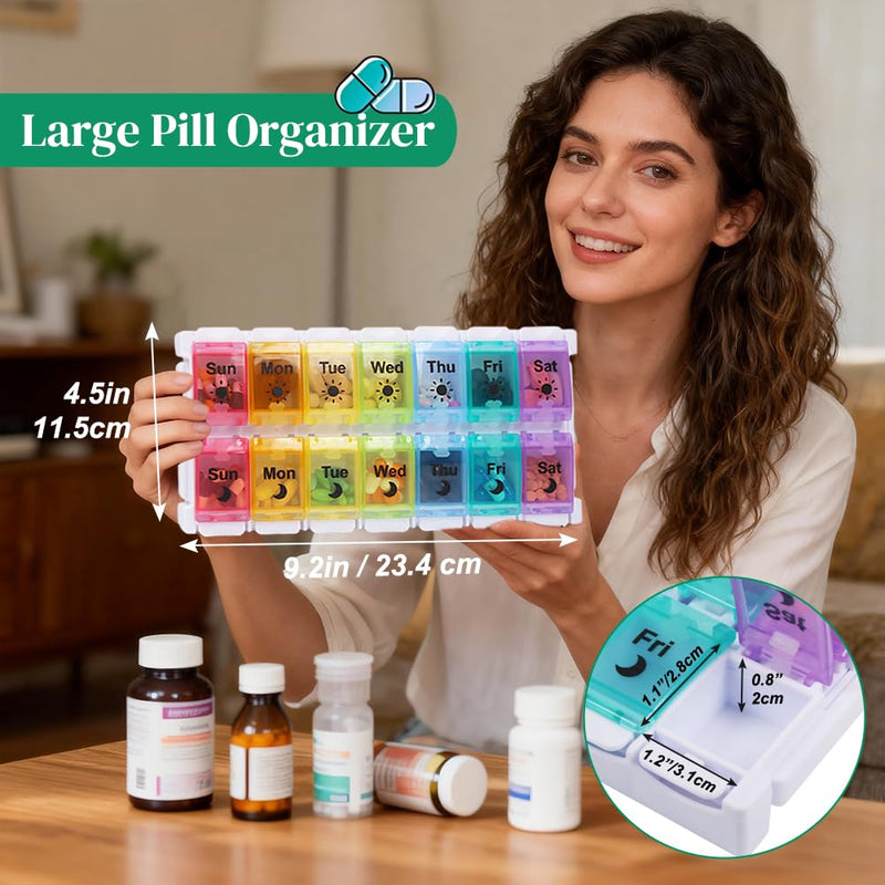 Shintop Am Pm Pill Organizer 7 Day, Push Button Weekly Pill Box 2 Times a Day Easy Fill Pill Holder Day Night Vitamin Case for Medications Fish Oil Supplements (Rainbow) Rainbow