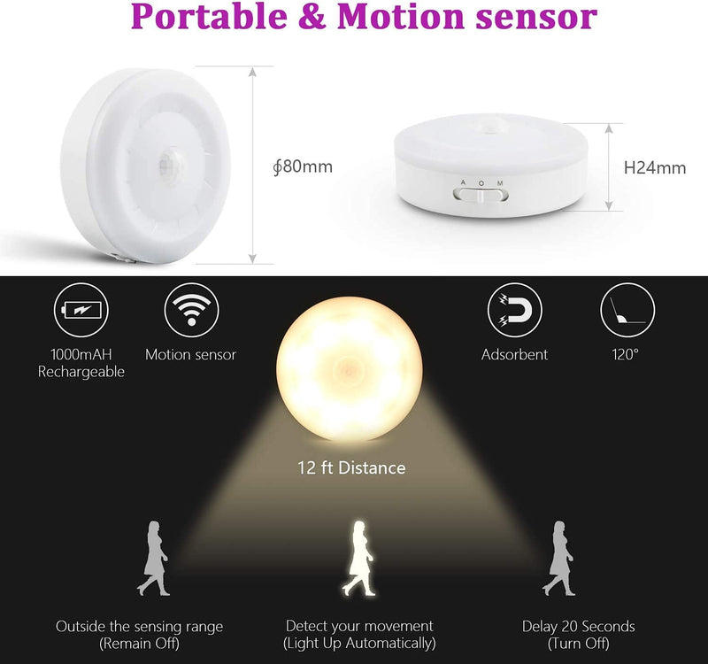 Rechargeable Motion Sensor Light 1000mAH LED Puck Lights, Stick Anywhere Light, Cordless Closet Light, Automatic Under Cabinet Lighting for Counter,Pantry,Wardrobe,Hallway,Stairs,Warm White 3 Pack Warm White