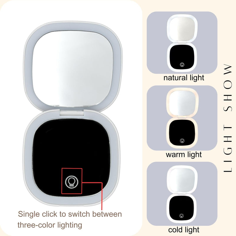 Makeup Mirror with Lights - Dual-Sided White LED Pocket Mirror, 1X/5X Magnifying Travel Mirror, 3 Light Modes, Rechargeable Handheld Mirror for On-The-Go Makeup, Grooming, and Gifts