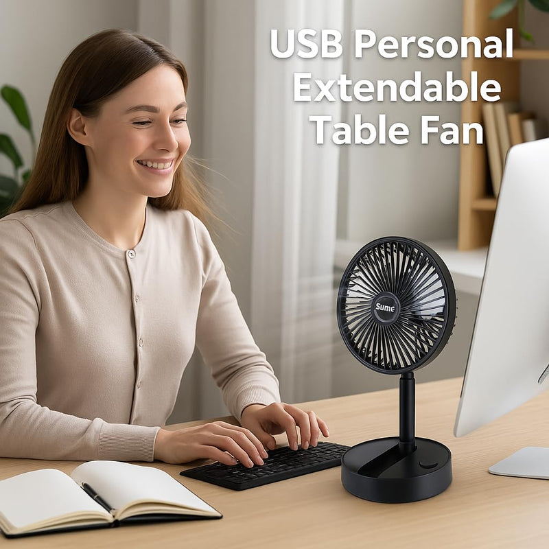 Dependable Industries inc. Essentials Telescopic Folding USB Desk Fan – Adjustable Height 11.5" to 14", Quiet Motor, Compact Table Fan with Phone Stand, USB-Powered for Home, Office, Travel (Black) Black
