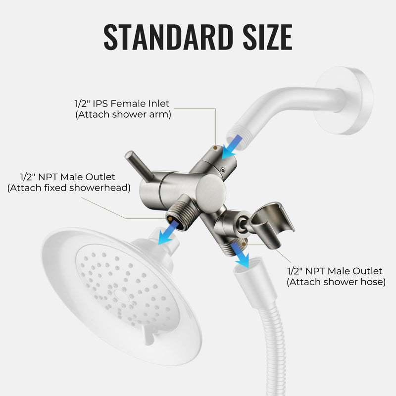 G-Promise All Metal High-Flow Shower Diverter Valve with Holder, 3-Way Splitter with Pause Mode for Handheld and Fixed Shower Head, Bathroom Universal Adapter System Replacement Part (Brushed Nickel) Brushed Nickel