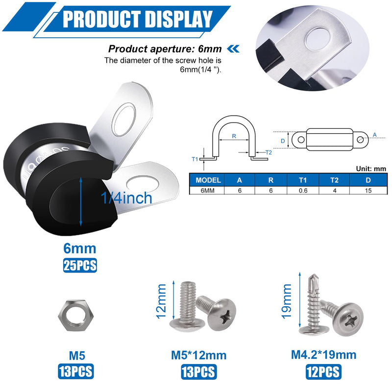 Twidec/50PCS 1/4 Inch Cable Clamp 304 Stainless Steel Rubber Coated Cushion Pipe Clamps,Metal Clamp,With Metal Rubber Clips For Automotive Wire Tube Pipe Clamps N-056-1/4