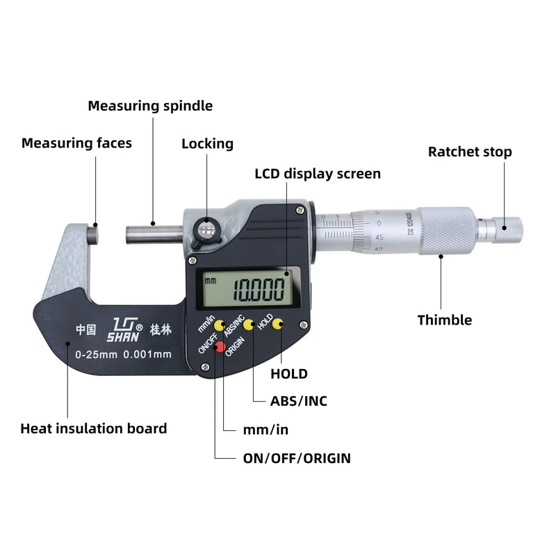 0-1 Professional Digital Micrometer，0.00005" /0.001mm Resolution，Digital Outside Micrometer with Carbide Tip 0-1" Range with Ratchet Stop, Precision Machinist Workshop Automotive Tools Digital Micrometer 0-1" (0-25mm)