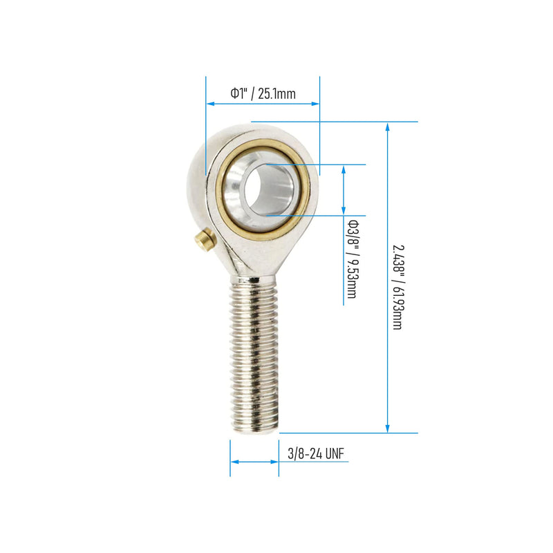 POSB6 Spherical Rod End Bearings 3/8" Bore Pre-Lubricated Joint Bearings Set, Self-Lubricating Rod End 3/8-24 Male Thread Connector Bearing with Jam Nut, 2 PCS POSB6 POS
