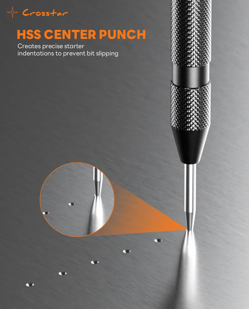 Crosstar Pro Cobalt Countersink Drill Bit Set, Titanium Aluminum Nitride Coated, 1/4" Hex Shank, 6-Piece (1/4" to 3/4") with Center Punch & Quick-Change Adapter for Metal, Stainless Steel