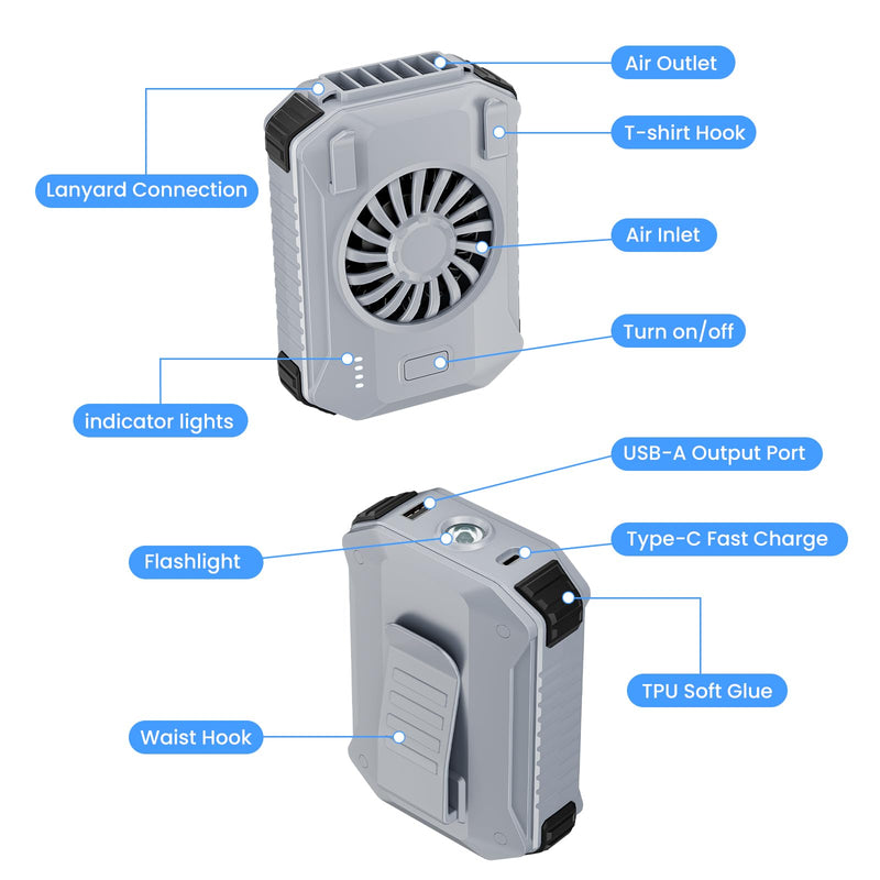 AI Portable Fan Rechargeable, 10000mAh Waist Fan with Flashlight [18H Working Time], 3 Speeds Strong Airflow Wearable Personal Clip on Shirt for Outdoor, Jobsite, Farms, Traveling, Fishing Grey