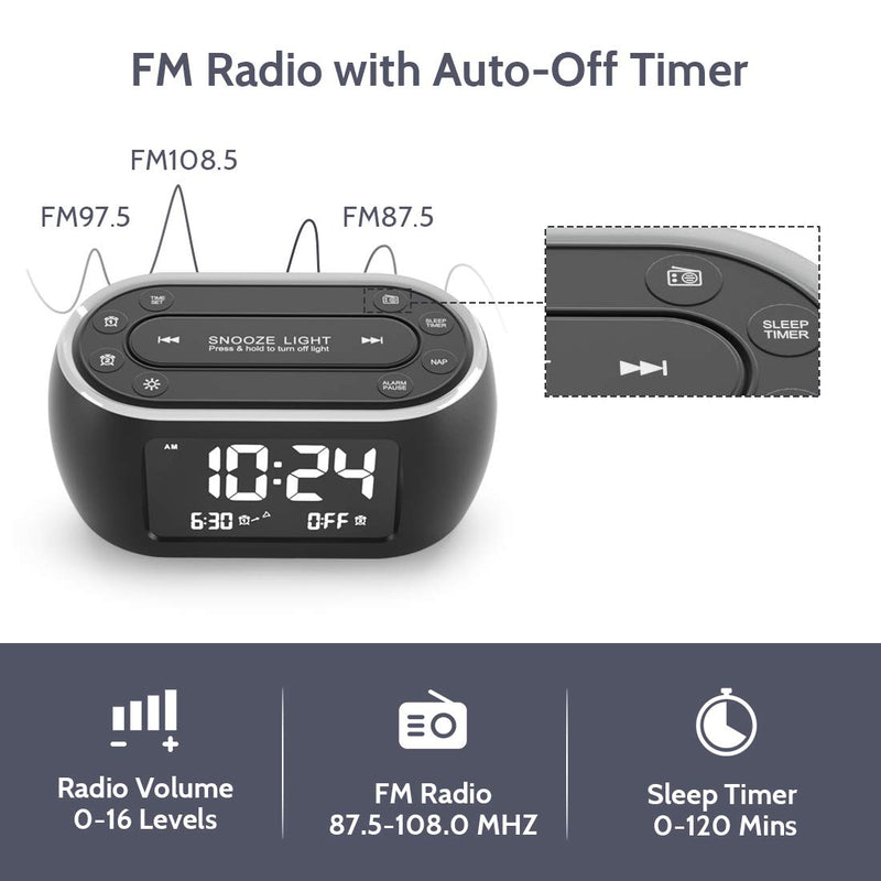 HOUSBAY Glow Small Alarm Clock Radio for Bedrooms with 7 Color Night Light, Dual Alarm, Dimmer, USB Charger, Battery Backup, Nap Timer, FM Radio with Auto-Off Timer for Bedside Black