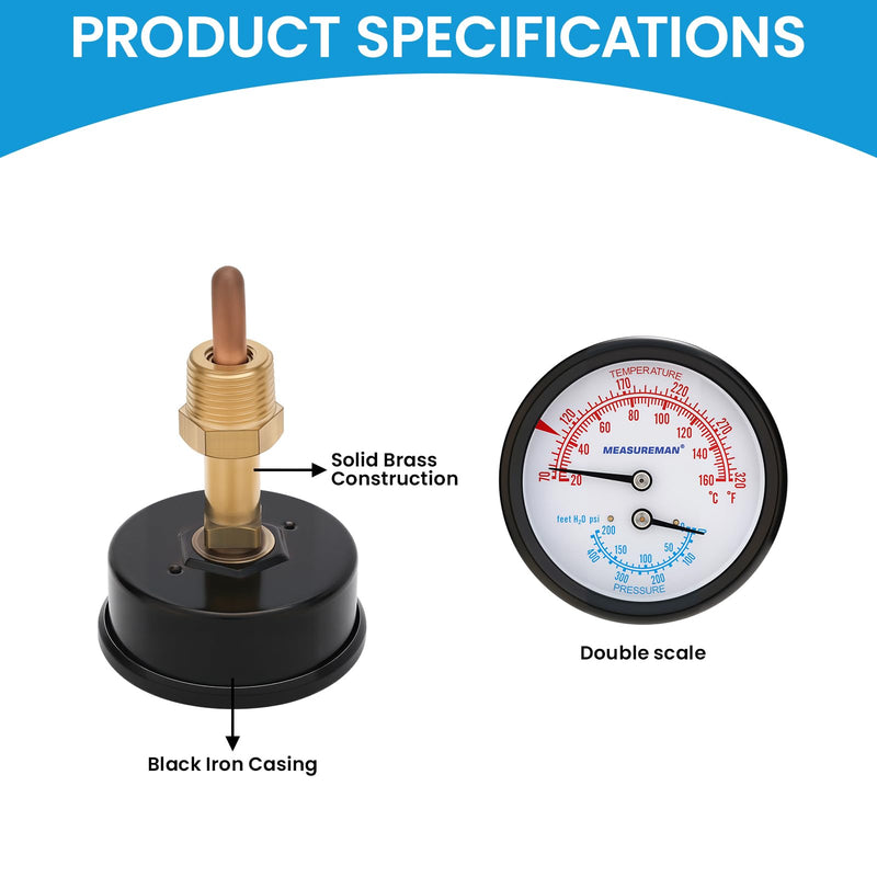 MEASUREMAN Commercial Tridicator Boiler Gauge Kit, 2.5" Dial, 0-200 PSI (ft H₂O) & 70-320°F, 1/4" NPT Back Mount with 1/2" NPT Adapter and O-Ring（2.95'' Stem） 0-200 PSI 60-320°F 2.95'' Stem,with 1/2" NPT Adapter