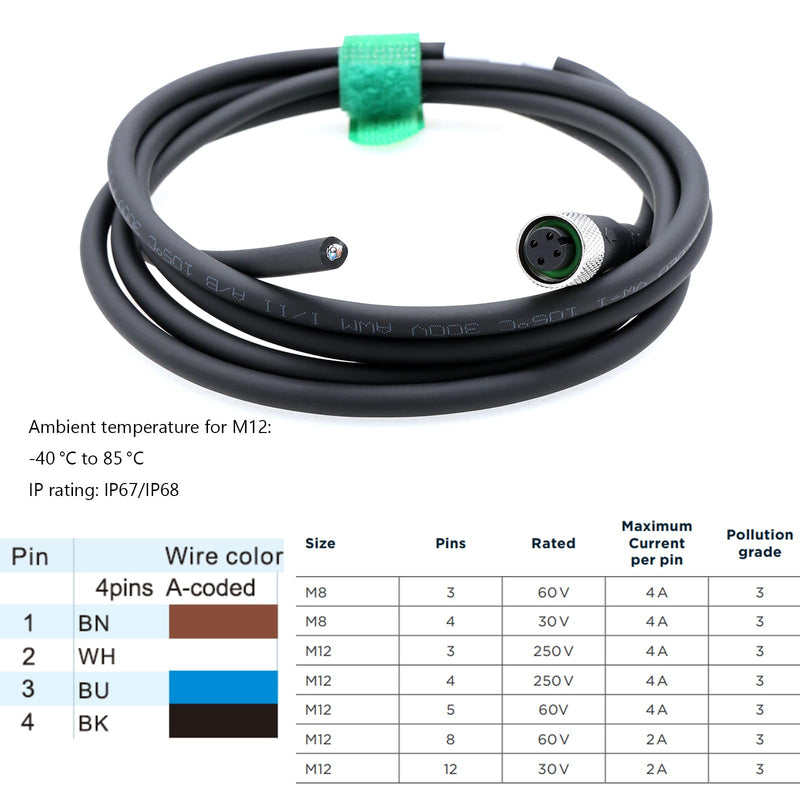 Sensor Encoder Actuator M12 A Coded 4 pin Female Shield Cable to Open Wire for Industrial Automation, Device Network DeviceNet, CANopen, IO Link, Profibus 3m 4 pin female to open