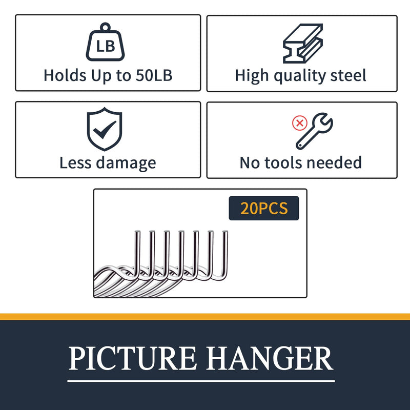 Picture Hanger Super Hook 20PCS,High-Quality Steel Picture Hanger Hercules Hooks,Used for Drywall, Wood Wall, Plaster Wall, can Hang Photos, Art, Clock, Mirror.