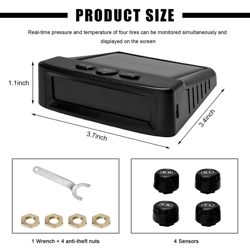 Tire Pressure Monitoring System, Tire Monitoring System with Solar & USB Charger, 4 External Sensors, 6 Alarm Modes, Auto On/Off Real-time LCD Display Tyre Pressure Monitor