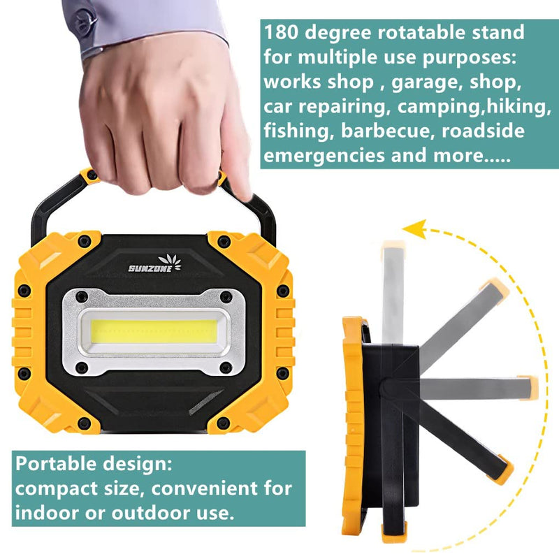 sunzone Portable LED Work Light,Flood Lights, Job Site Lighting, Super Bright Waterproof for Outdoor Camping Hiking Car Repairing Fishing Workshop Battery Included with Emergency SOS Model AA Battery model 2 Pack Yellow