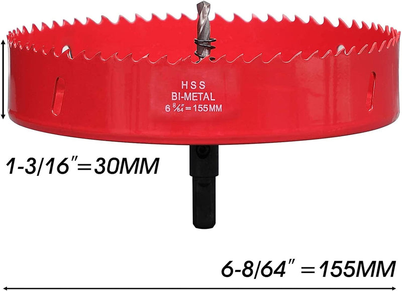 6 1/4 Hole Saw, 159mm HSS Bi-Metal Hole Saw, 6.25 Inch Hole Saw for Recessed Lights, 32mm Cutting Depth Hole Cutter with Arbor Mandrel for Metal, Wood Boards, Drywall and Plastic, Red 6-1/4 Inch