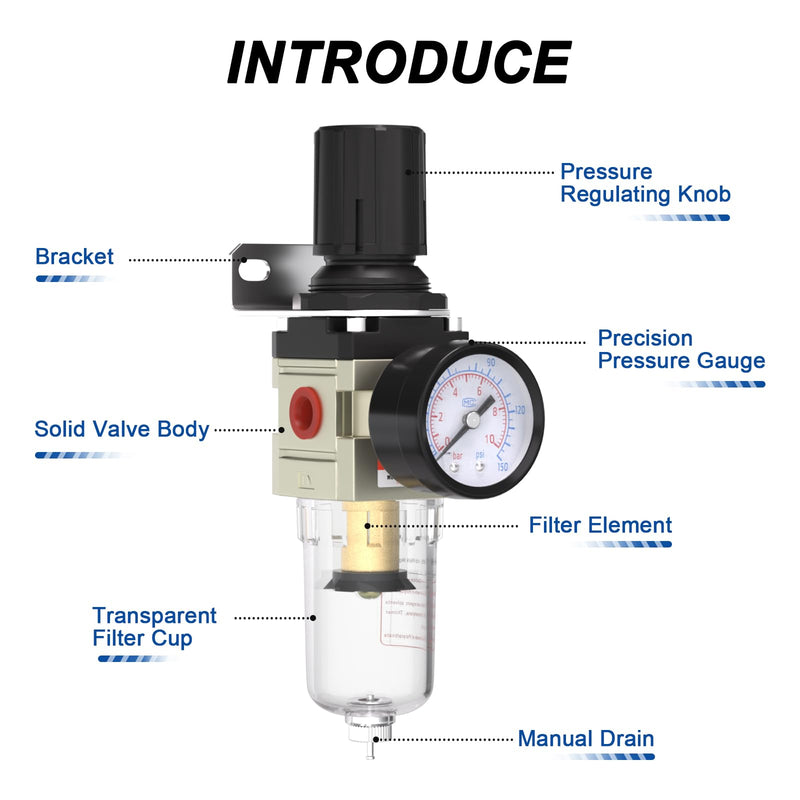 1/4"NPT Air Filter Regulator Combo Piggyback,5 Micron Brass Element, Manual Drain,Air Pressure Regulator AW2000-02,0-150 psi Gauge 1/4"NPT Manual