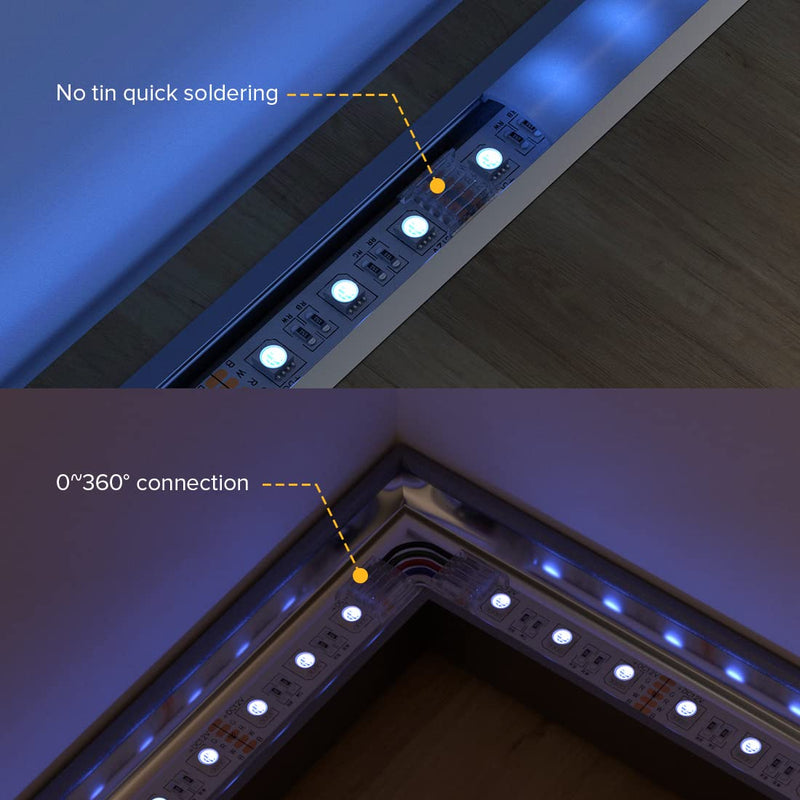 BTF-LIGHTING SMD 5 Pin 12mm 0.47in Width Transparent Connector Kit, 4xGapless Solderless 8pcs Corner Connectors,4pcs 5.9in Long 22AWG Extension Wires,Support 5050 SMD RGBW LED Strip Multi Function Connector