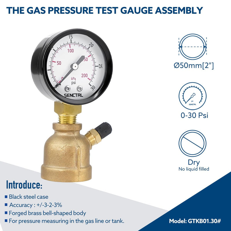 0-30 Psi Gas Pressure Test Gauge, 2" Dial Size, 3/4" FNPT Connection, Brass Valve, Forged Brass Bell Shape Body Assembly 0-30 psi