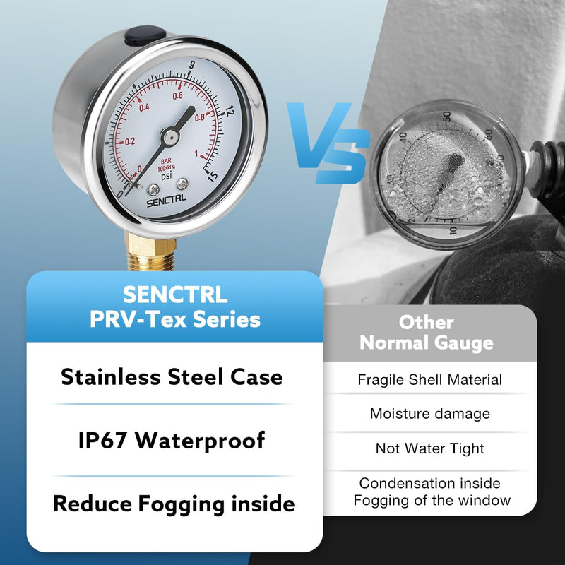 0-15 Psi Low Pressure Gauge, 2" Dial Size, 1/4 Npt Lower Mount, Waterproof, Stainless Steel Case, for Water Air ATV Tire Gas Pressure Test 0-15Psi