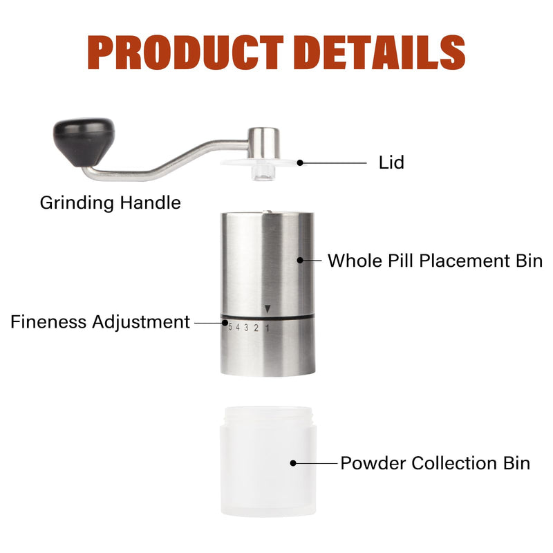 Manual Pill Crusher Fine Powder, Effortlessly and Efficiently Grind Multiple Pills into Fine Powder， Ideal for Seniors, Adults, and Pets - Stainless Steel