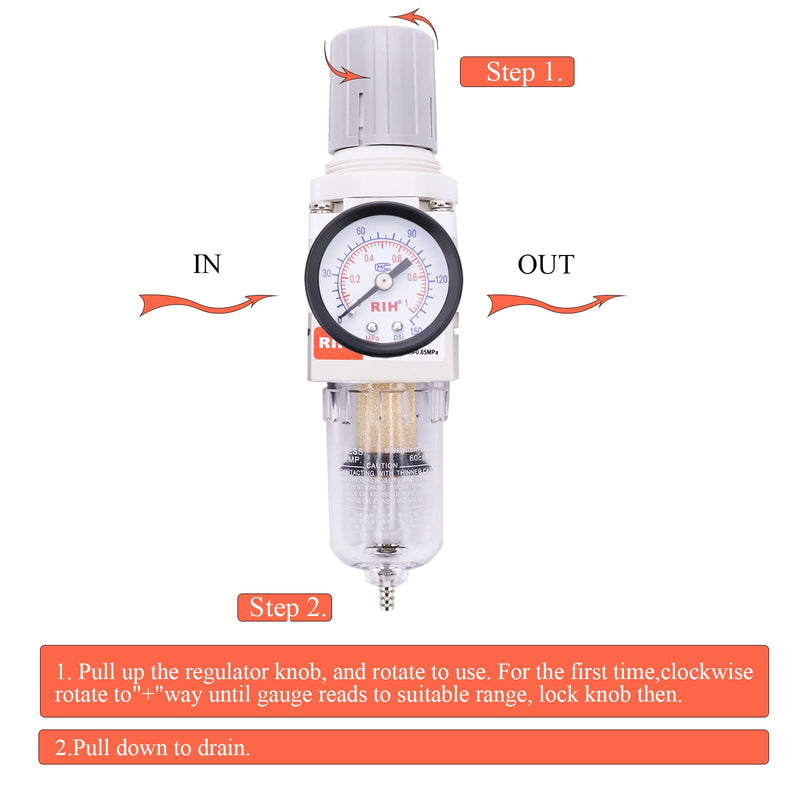 RIH 1/4" NPT Compressed Air Filter Regulator Combo Piggyback, 5 Micron Brass Element, Poly Bowl, Semi-Auto Drain, Metal Bracket, 0-150 psi Gauge Air Tool Compressor Filter with Gauge (1/4" NPT)