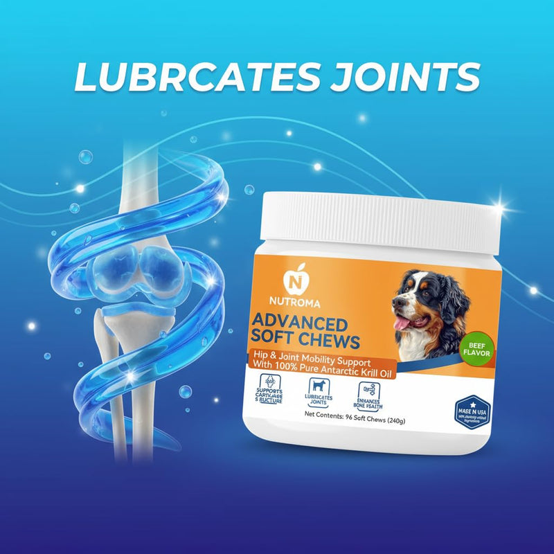 Advanced Soft Chews for Dogs – Hip & Joint Mobility Support with Antarctic Krill Oil, Eggshell Membrane & Hyaluronic Acid – 96 Chews (Beef) Beef