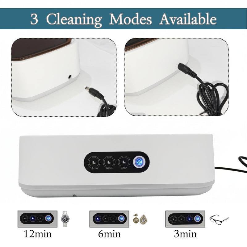 BeGrit 48KHz Ultrasonic Jewelry Cleaner, 3 Timer Modes, Stainless Steel Tank, White Cleaner with Lid & Tweezers for Rings, Glasses, Watch Bands