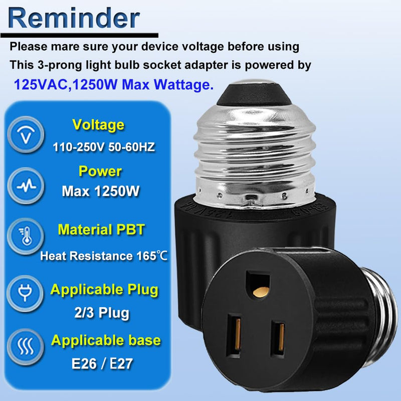 3 Pack,3 Prong Light Socket to Plug Adapter,E26/E27 Light Socket Outlet,Polarized Light Socket Adapter,2/3 Prong Outlet Socket Splitter Converter for Garage Porch,(2 Black 1 White) 2 Black 1 White Plug Adapter